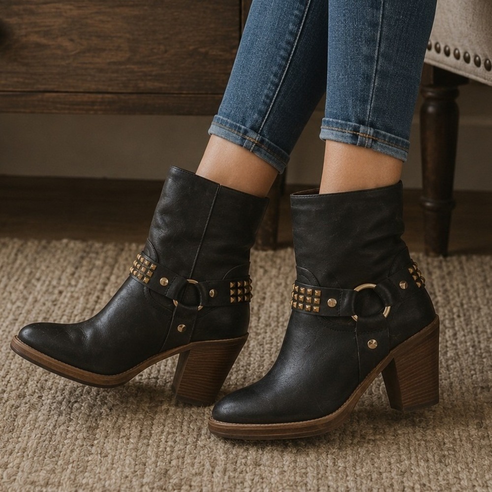 Steve Madden Black Leather Hammer Brass‎ Stud Heeled Moto Boots NWT